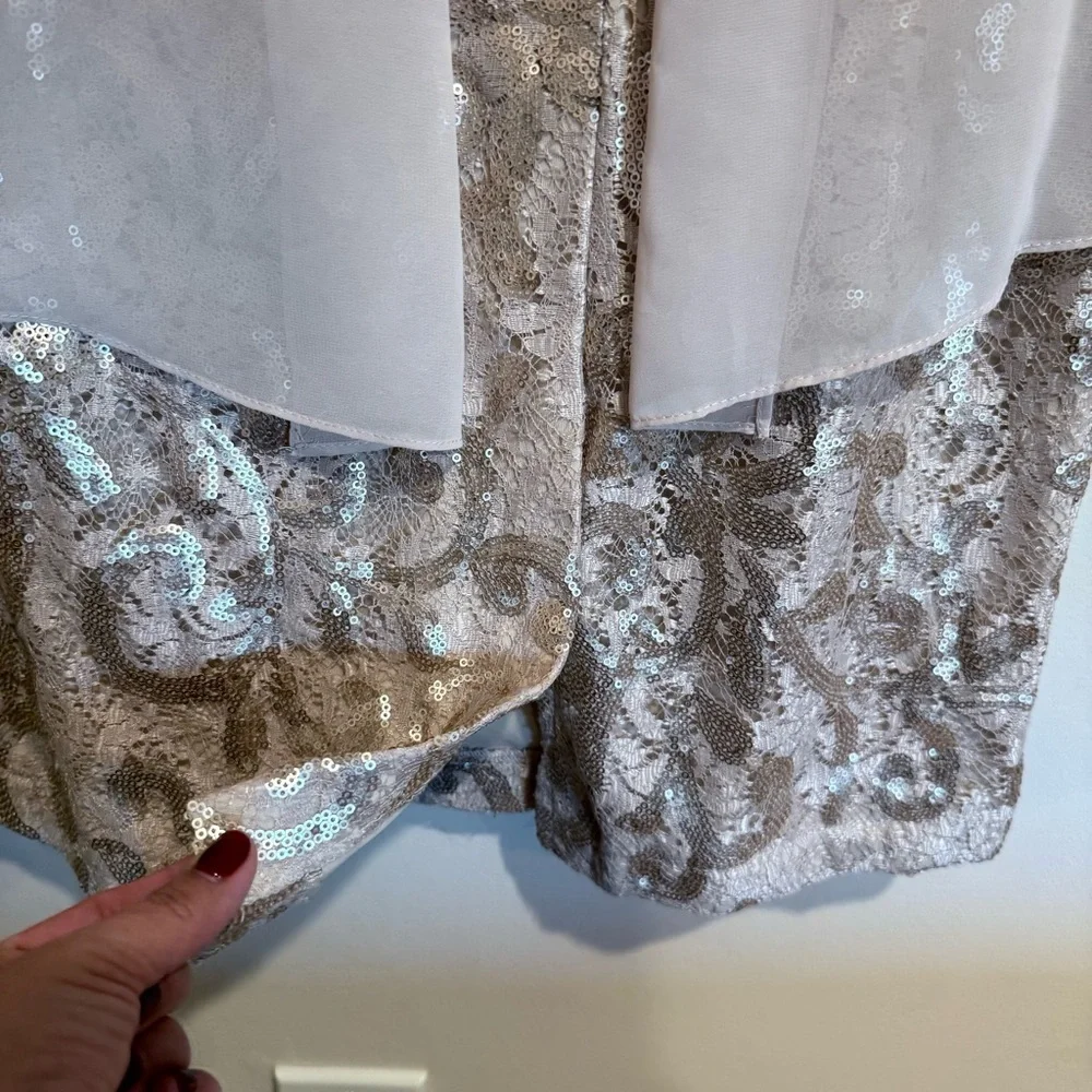 Alex Evenings Champagne Sequin Lace Chiffon Cape Sheath Dress size 6
